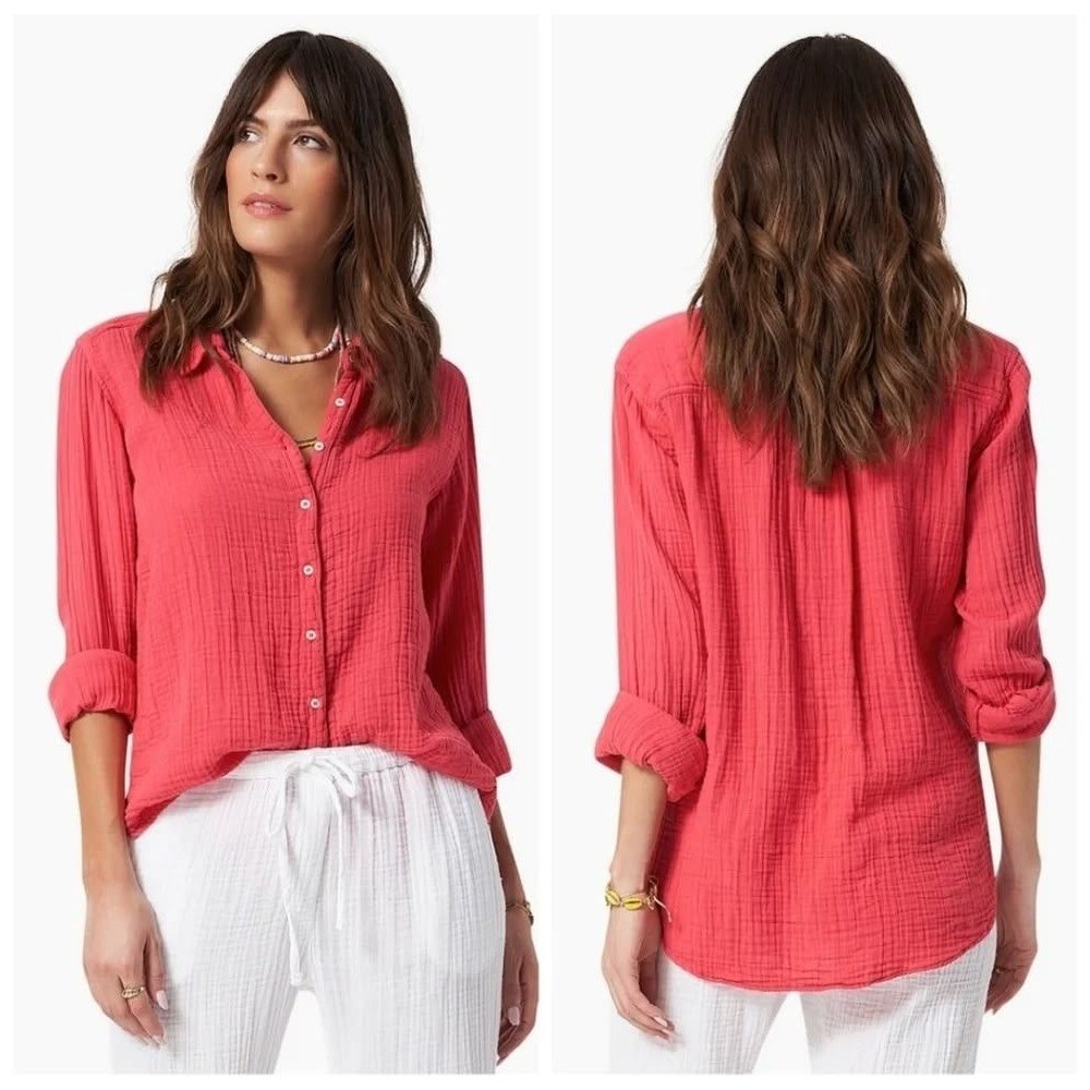 Xirena Scout Shirt Button Up Cotton Gauze S Rose Coral Vacation Beach Summer USA